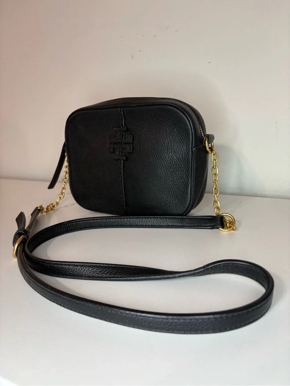 Tory Burch Black Pebbled Leather McGraw Camera Crossbody Bag gold hardware